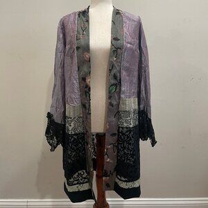 Lee Andersen Art to Wear Mixed Media Velvet Burnout Lace Trim Kimono Style Cardi
